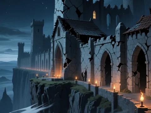 Ancient Cracked Fortress on Cliff at Night