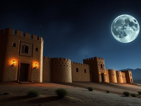 Ancient Desert Fortress Under a Full Moon
