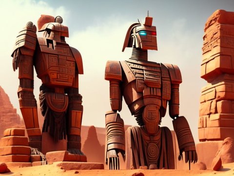 Ancient Egyptian-Inspired Robotic Statues in Desert Landscape