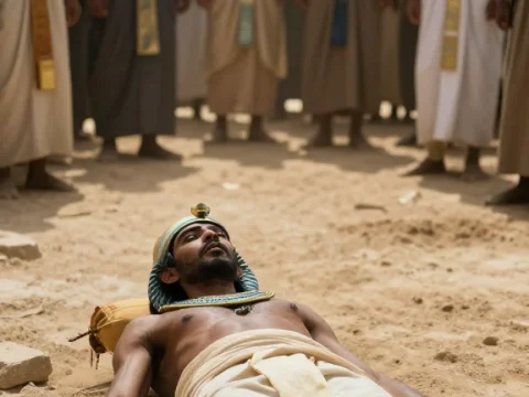 Ancient Egyptian Man Lying on Desert Ground with Onlookers