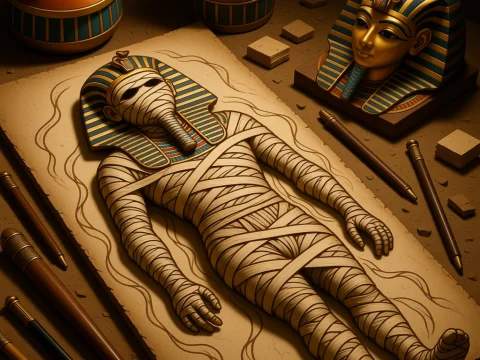 Ancient Egyptian Mummy with Pharaoh Mask and Artifacts