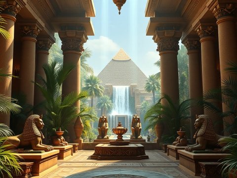 Ancient Egyptian Temple Interior with Pyramid and Waterfall