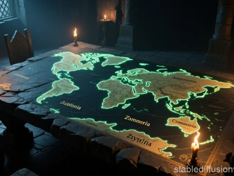 Ancient Fantasy Map Illuminated on Stone Table
