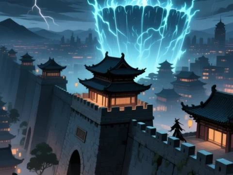 Ancient Fortress Under Stormy Sky with Lightning