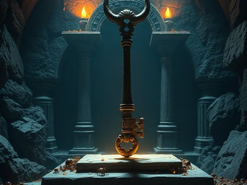 Ancient Glowing Key on Ruined Altar in Mystical Cave
