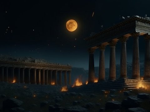 Ancient Greek Ruins Under a Fiery Moonlit Night