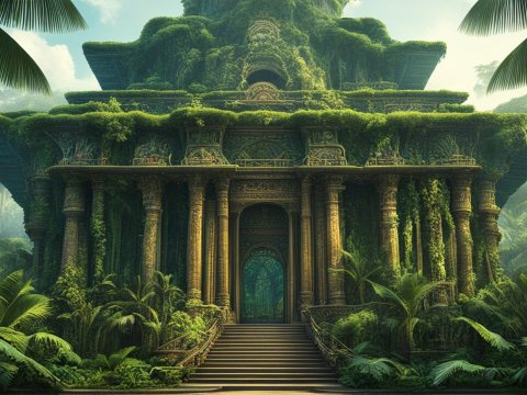 Ancient Jungle Temple Overgrown with Lush Greenery