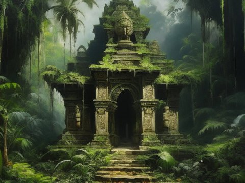 Ancient Jungle Temple Overgrown with Moss