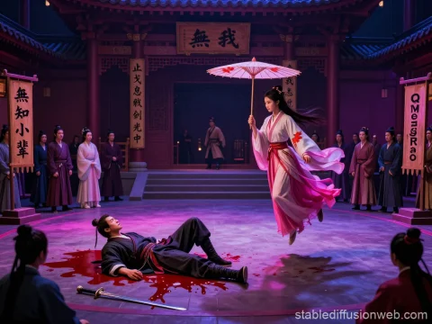 Ancient Martial Arts Duel with Floating Woman and Fallen Warrior