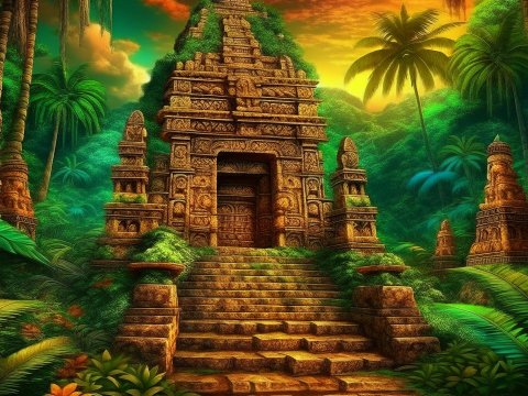 Ancient Mayan Temple in Lush Jungle at Sunset