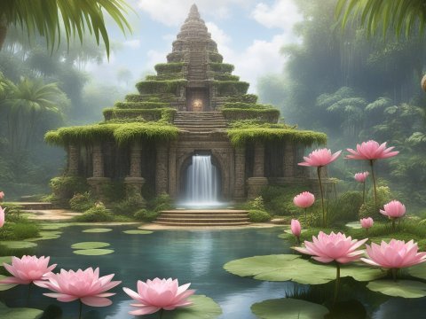 Ancient Mayan Temple with Waterfall in Lush Jungle