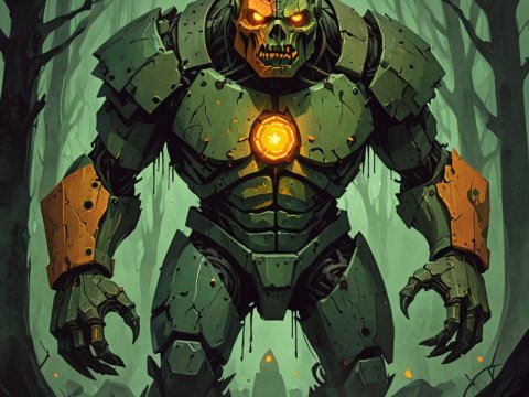 Ancient Mechanical Guardian in Haunted Forest