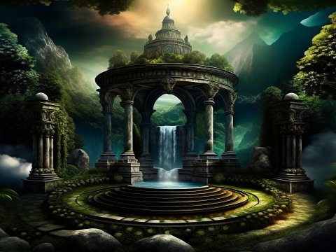 Ancient Meditation Pavilion with Waterfall in Mystical Forest