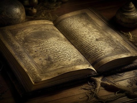 Ancient Mystical Book Open on Wooden Table