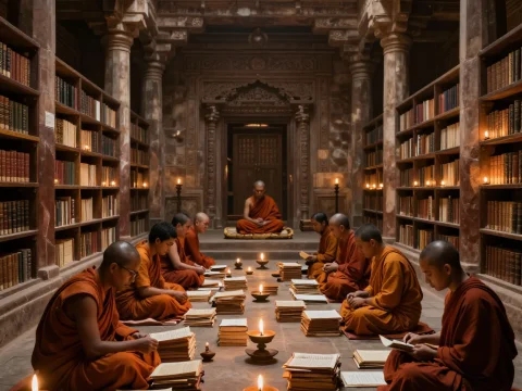 Ancient Nalanda Library with Monks Studying by Candlelight