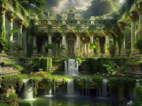 Ancient Overgrown Ruins with Cascading Waterfalls