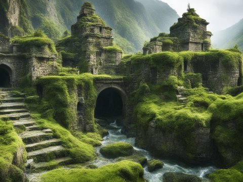 Ancient Overgrown Stone City in Lush Mountain Valley