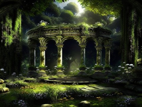 Ancient Overgrown Stone Pavilion in Enchanted Forest