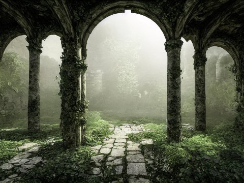 Ancient Overgrown Temple Ruins in Misty Forest
