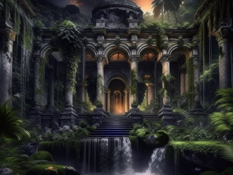 Ancient Overgrown Temple with Waterfall at Dusk
