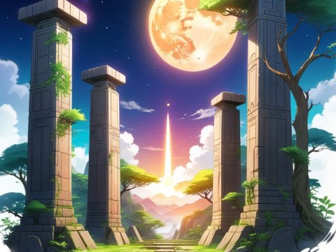 Ancient Pillars Under a Glowing Moon in Anime Style