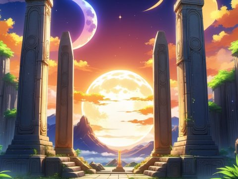 Ancient Pillars Under a Surreal Triple Moon Sunset