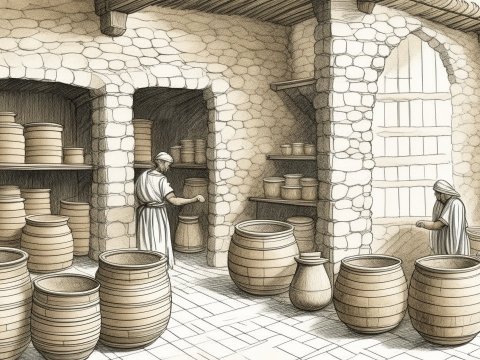 Ancient Pottery Storage Room with Workers