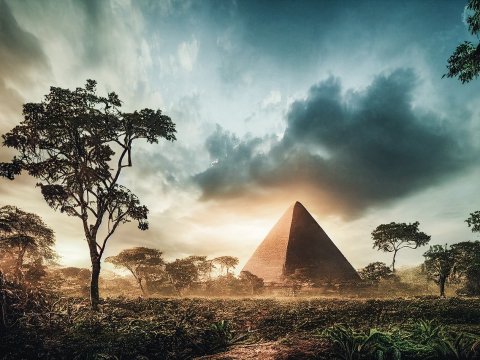 Ancient Pyramid Emerging from Lush Jungle at Sunset