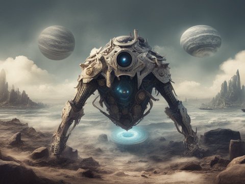 Ancient Robotic Sentinel on an Alien Shore