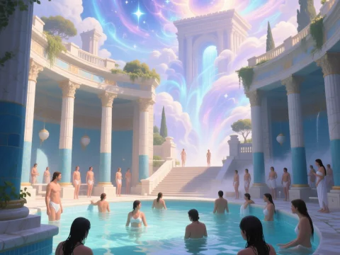 Ancient Roman Bathers in a Mystical Celestial Setting