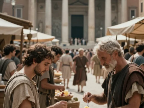 Ancient Roman Marketplace with People Sampling Food
