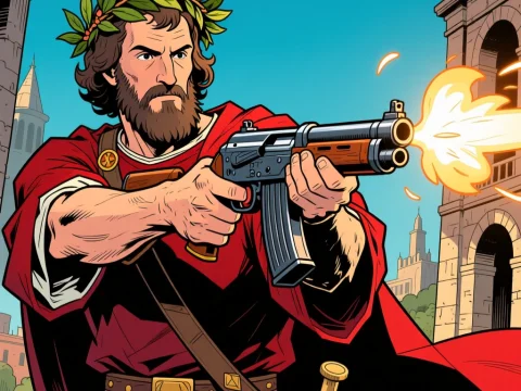 Ancient Roman Warrior Firing Modern Assault Rifle
