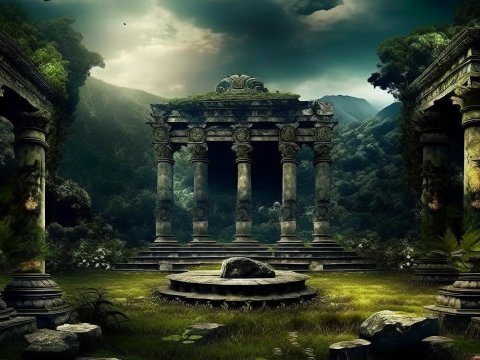 Ancient Ruins in a Mystical Forest Clearing