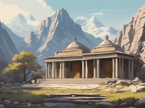 Ancient Shrine Nestled in Majestic Mountain Landscape