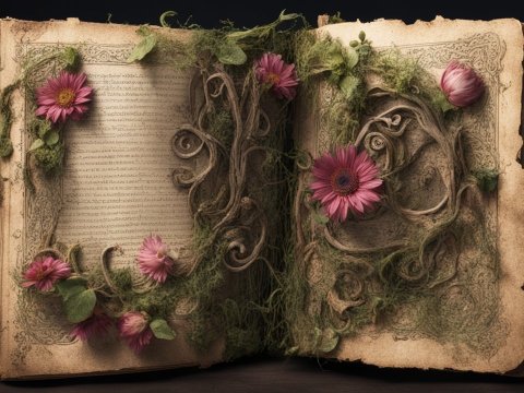 Ancient Spellbook with Floral and Moss Embellishments