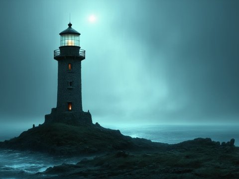 Ancient Stone Lighthouse on Rocky Shore at Night