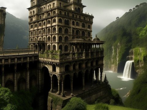 Ancient Stone Palace Overlooking a Waterfall in Lush Valley