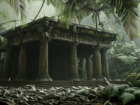 Ancient Stone Temple Ruins in Dense Jungle