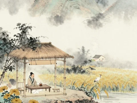 Ancient Tea Master in Serene Mountain Landscape