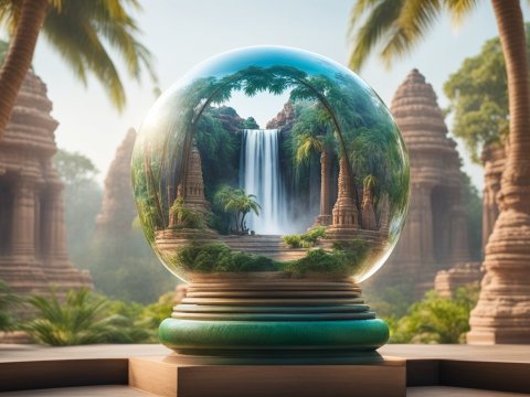 Ancient Temple and Waterfall Encased in Glass Globe