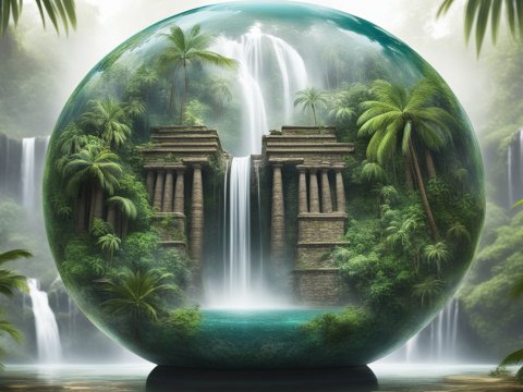 Ancient Temple and Waterfalls Encased in a Glass Globe