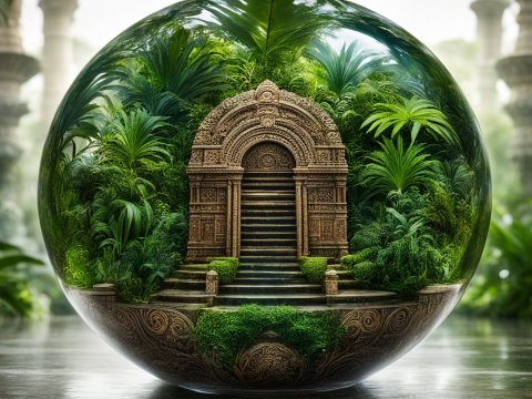 Ancient Temple Encased in a Glass Sphere Amidst Lush Jungle