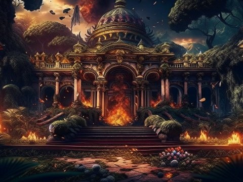 Ancient Temple Engulfed in Fiery Overgrowth