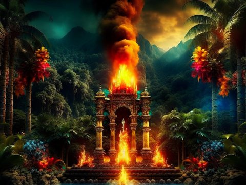 Ancient Temple Engulfed in Flames in a Lush Jungle