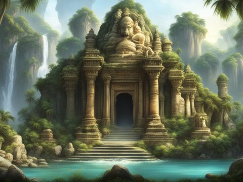 Ancient Temple Ruins in Lush Jungle with Waterfalls