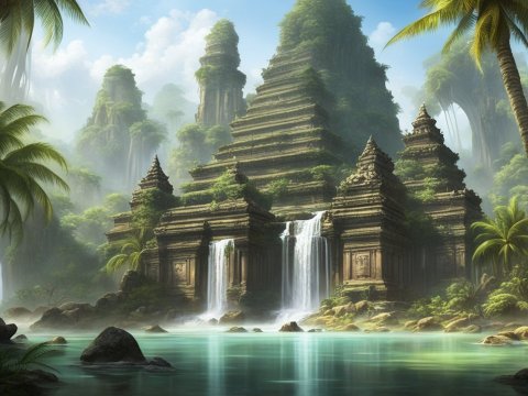 Ancient Temple Ruins with Waterfalls in Lush Jungle