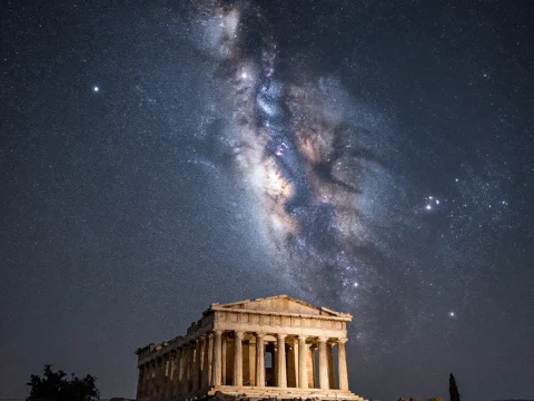 Ancient Temple Under the Milky Way Galaxy