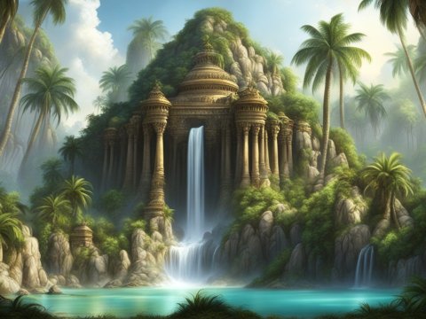 Ancient Temple Waterfall in Lush Tropical Jungle