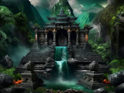 Ancient Temple with Waterfall in Mystical Jungle