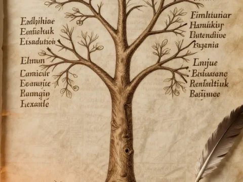 Ancient Tree of Language Illustration on Aged Parchment